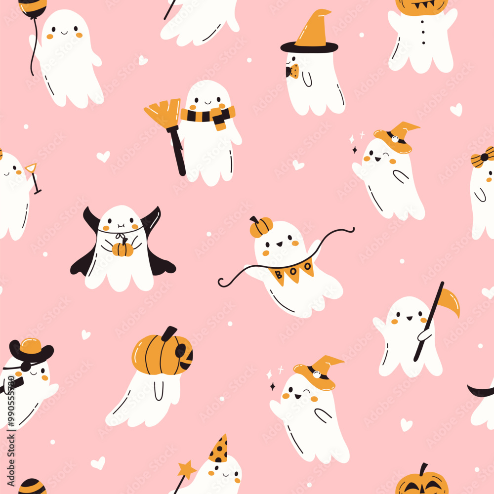 Naklejka premium Halloween seamless pattern. Cute kawaii ghosts pink background. Autumn holiday party spooky print. Funny happy graphic fabric texture. Vector flat illustration