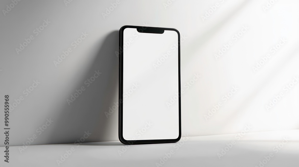 Black smartphone with white screen on a white table.