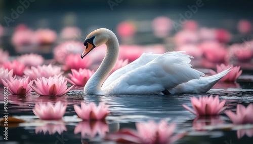 Fototapeta Naklejka Na Ścianę i Meble -  Elegant swan gliding among pink water lilies on a serene, reflective pond
