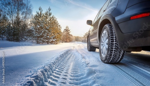 Winter tires in modern car on the snowy road. Generated image