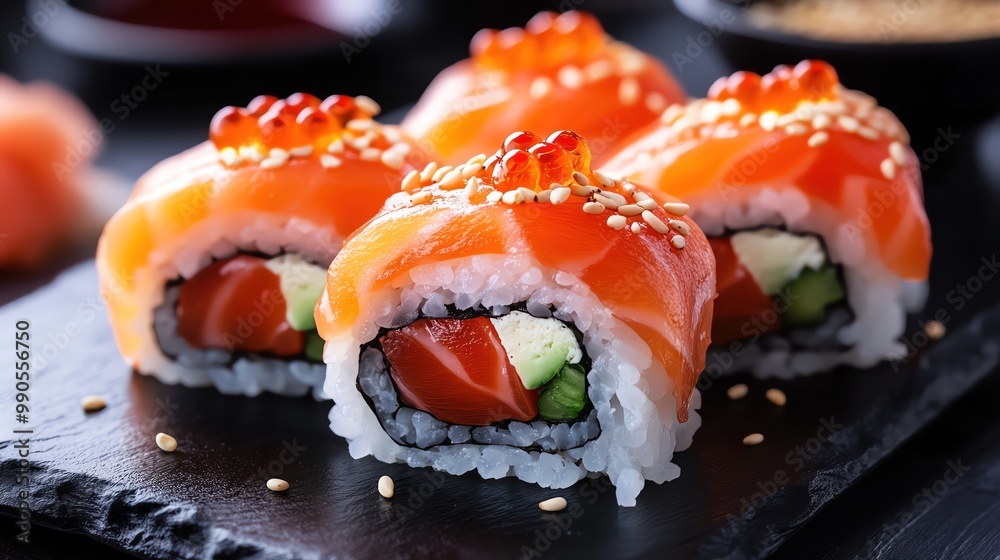Fresh sushi rolls topped with salmon and caviar, garnished with sesame seeds