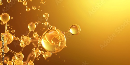 oil molecular or atomic structure shiny glass golden background. Abstract concept of medical, science, technology energy research experiments laboratory research chemical reaction.3D Illustration.