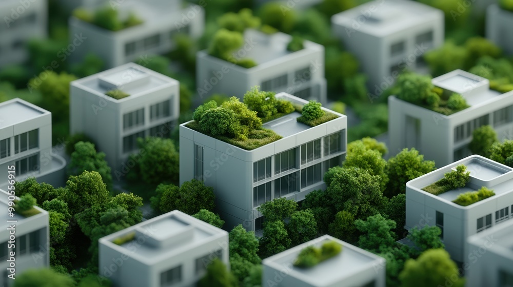 Aerial view of modern eco-friendly buildings surrounded by lush greenery, showcasing sustainable urban architecture and design. Aerial view of modern eco-friendly buildings surrounded by lush greenery, showcasing sustainable urban architecture and design.