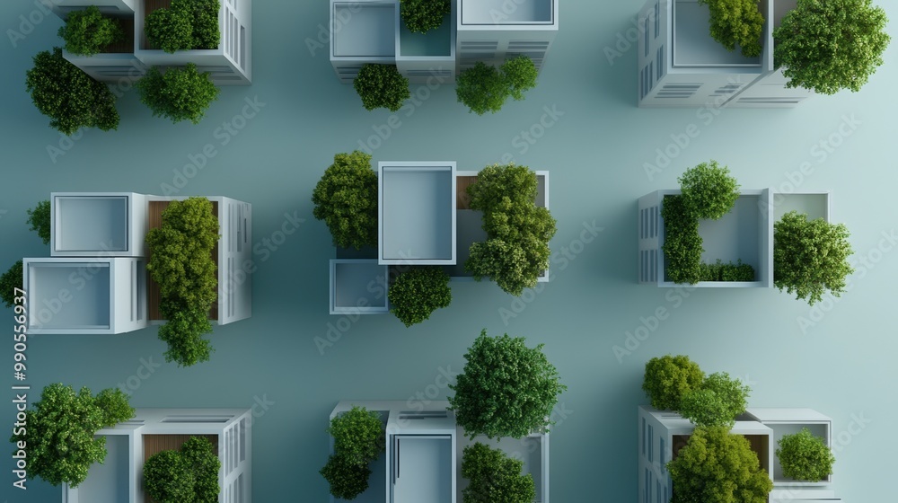 Aerial view of modern urban architecture with green spaces, showcasing ...