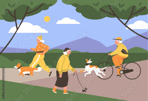 Vector illustration of happy elderly woman and man with dogs on leash as they walk