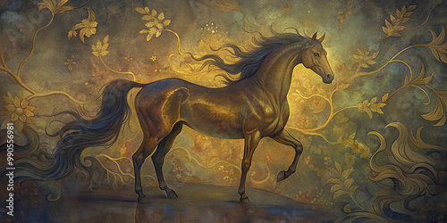 A majestic golden horse runs gracefully against a vintage floral background, showcasing power, beauty, and elegance in a timeless and artistic representation