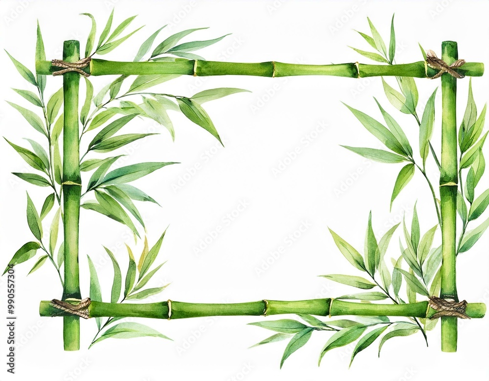 Obraz premium Bamboo frame isolated on white background. Bamboo with green leaves. Hand painted watercolor illustration. Realistic botanical art. Template