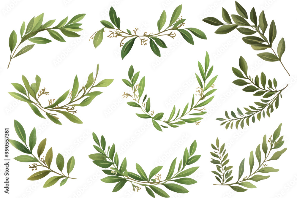 Collection of laurel wreaths for victory, isolated on white background