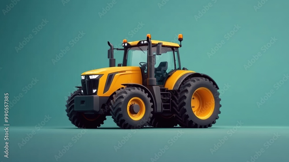 Fototapeta premium Bright yellow tractor on a teal background, perfect for agricultural, construction, or vehicle-related projects.