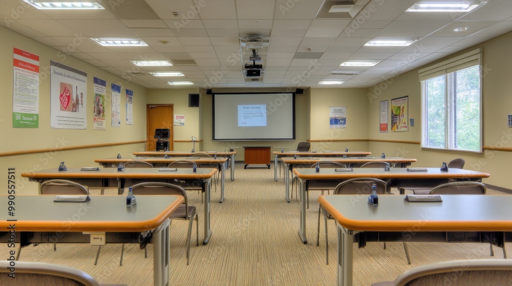 A modern classroom setup with tables, chairs, and a projector for presentations. A modern classroom setup with tables, chairs, and a projector for presentations.