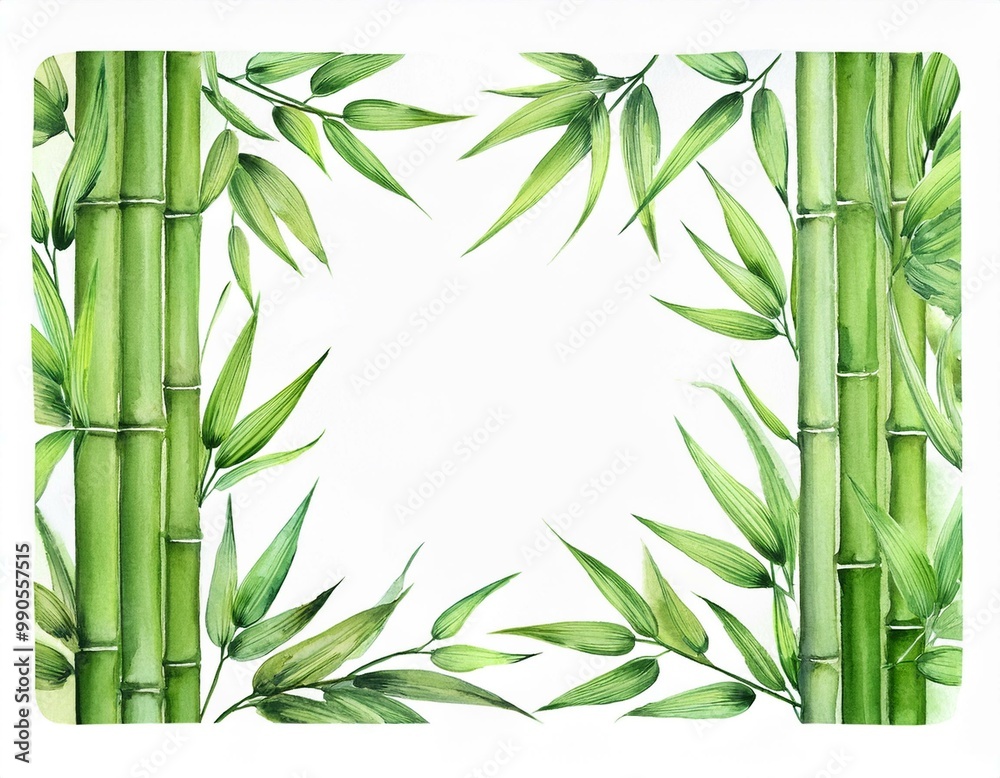 Obraz premium Bamboo frame isolated on white background. Bamboo with green leaves. Hand painted watercolor illustration. Realistic botanical art. Template