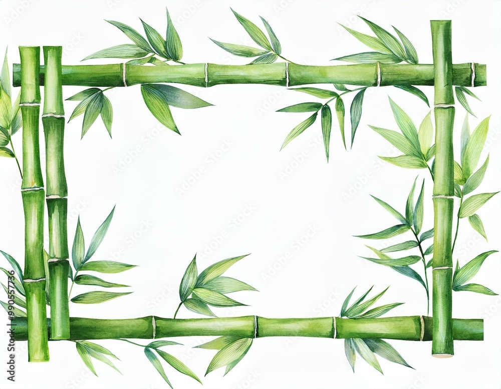 Naklejka premium Bamboo frame isolated on white background. Bamboo with green leaves. Hand painted watercolor illustration. Realistic botanical art. Template
