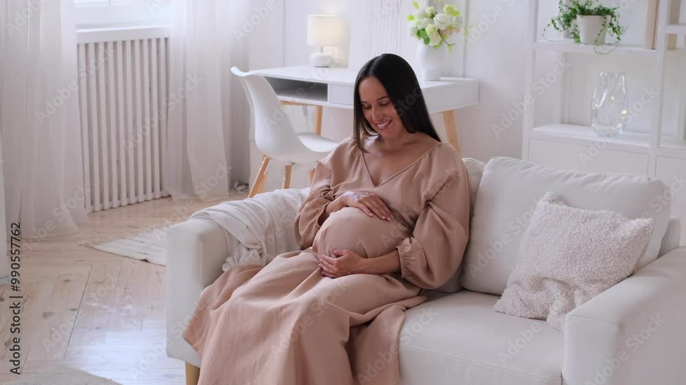 Positive pregnant middle aged Caucasian woman delicately touching a pregnant belly sitting on sofa at home living room. Pregnancy, motherhood and relaxation. Positive pregnant middle aged Caucasian woman delicately touching a pregnant belly sitting on sofa at home living room. Pregnancy, motherhood and relaxation.