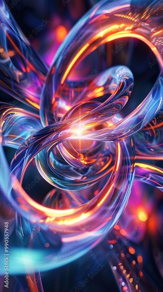 A 3D design of intertwined, ribbon-like shapes that change color as they flow into each other, creating a seamless loop with a glowing central point. A 3D design of intertwined, ribbon-like shapes that change color as they flow into each other, creating a seamless loop with a glowing central point.