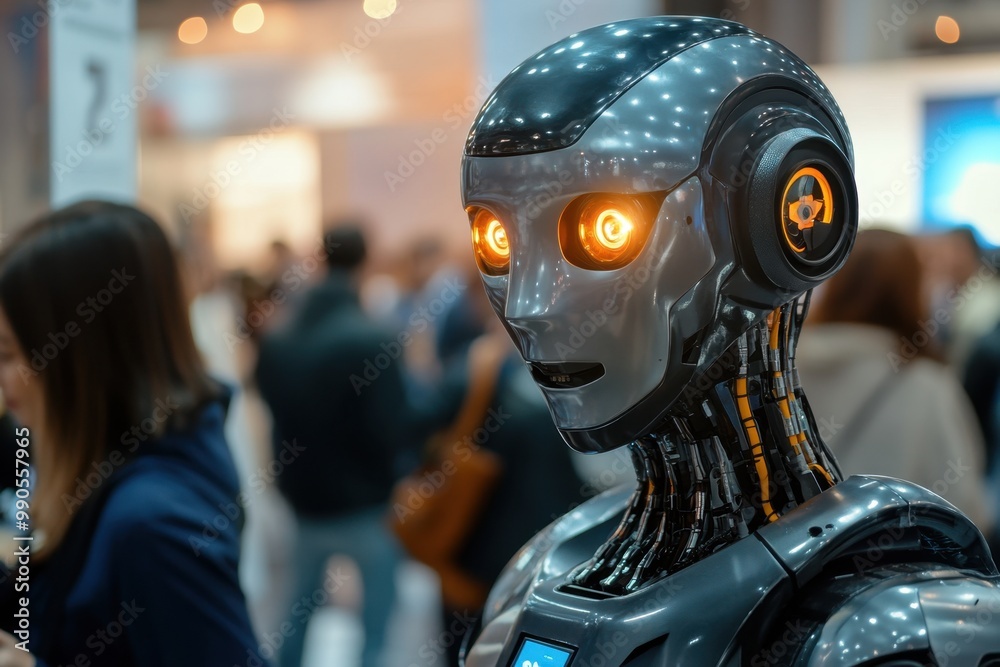 Humanoid robot with steel material and glowing eyes at exhibition Humanoid robot with steel material and glowing eyes at exhibition