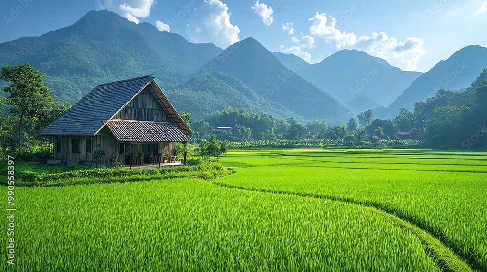 Obraz premium Scenic green rice field with a rustic house and mountains under a clear blue sky