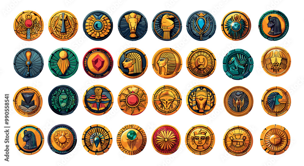 Egyptian coins cartoon vector set. Ancient gold pharaon tokens scarab ankh medals values amulets precious metals money illustrations isolated on white background Egyptian coins cartoon vector set. Ancient gold pharaon tokens scarab ankh medals values amulets precious metals money illustrations isolated on white background