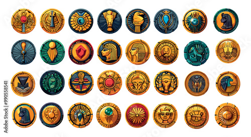 Egyptian coins cartoon vector set. Ancient gold pharaon tokens scarab ankh medals values amulets precious metals money illustrations isolated on white background