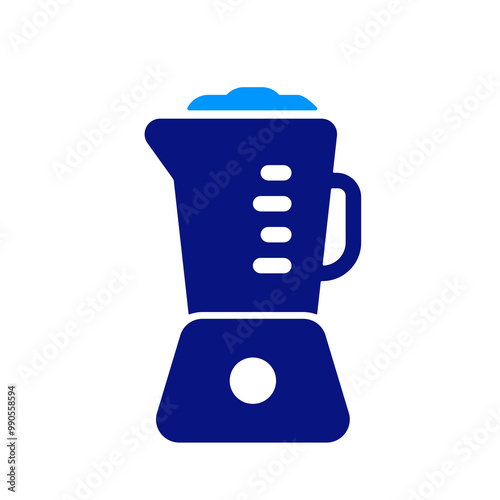 Blender icon in blue and white, sleek handle, rounded buttons, simple design, clean lines, high contrast between dark blue and white, representing a compact kitchen appliance.