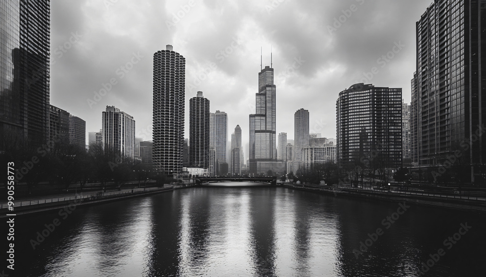 Fototapeta premium A black-and-white photo of a famous city skyline or iconic landmark, evoking a timeless, classic look