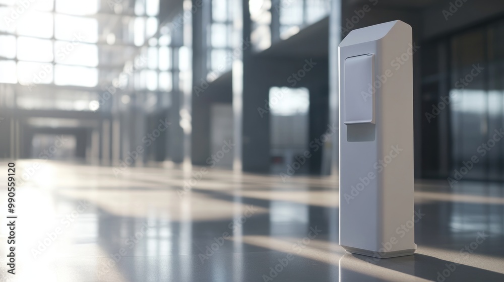 A modern hand sanitizer dispenser in a spacious, well-lit indoor environment. A modern hand sanitizer dispenser in a spacious, well-lit indoor environment.