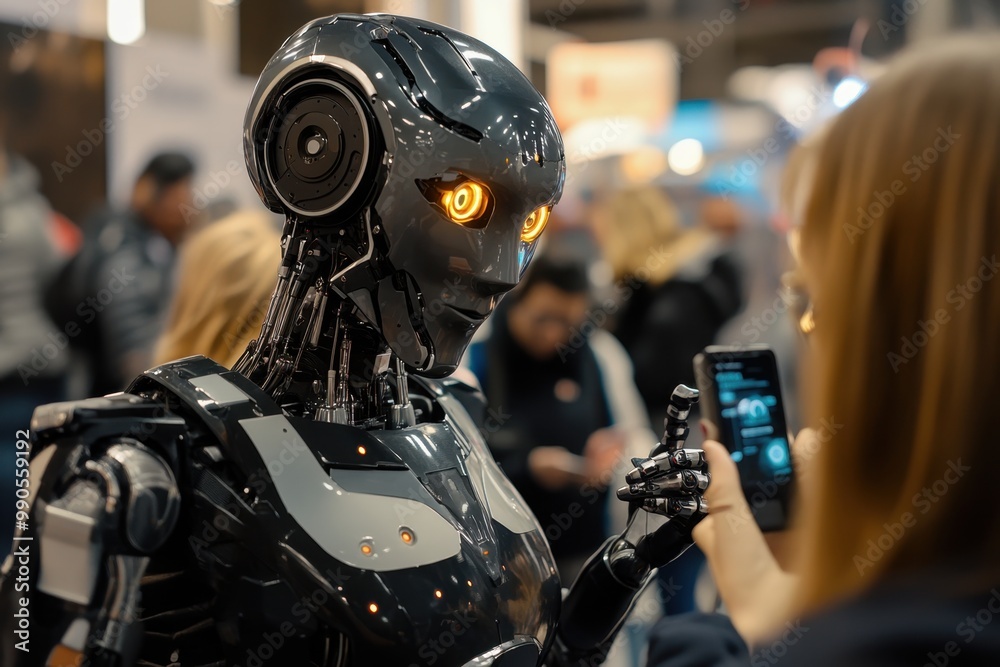 Humanoid robot with steel material and glowing eyes at exhibition Humanoid robot with steel material and glowing eyes at exhibition