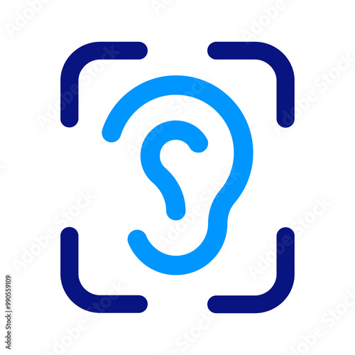 An ear icon framed by a square, symbolizing hearing, sound recognition, accessibility, and assistive technologies related to auditory health and inclusion.