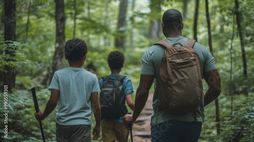 A father and his children explore a vibrant forest trail, enjoying quality time outdoors together