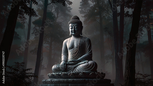 Buddha statue that adds a touch of marble and elegance in the misty forest ,night mode , ghost shivering around stature
