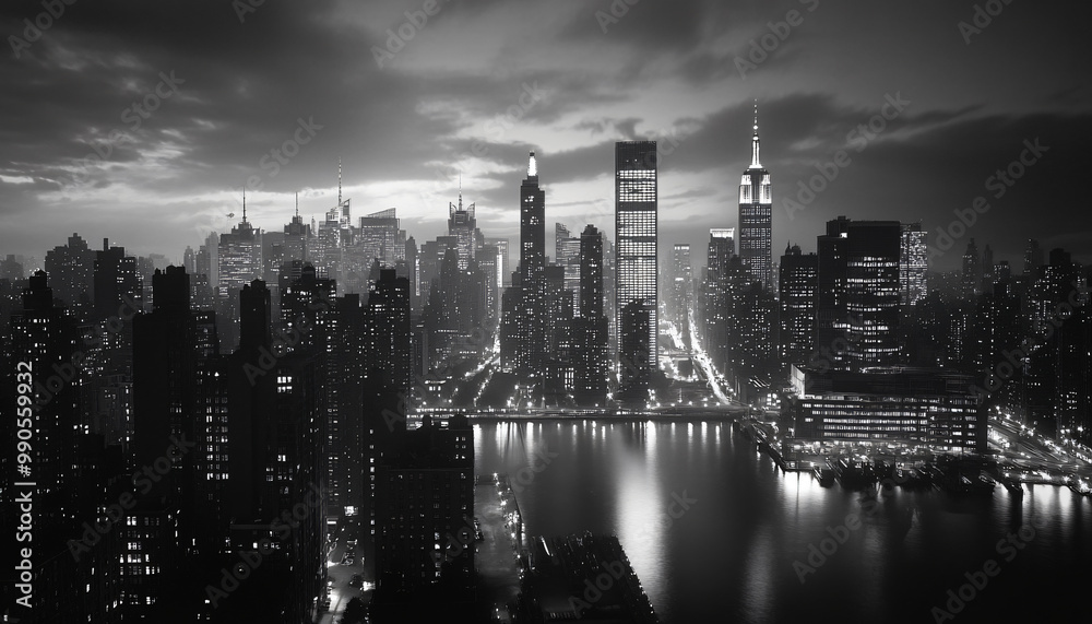 Fototapeta premium A black-and-white photo of a famous city skyline or iconic landmark, evoking a timeless, classic look