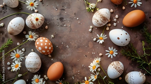 Happy Easter greeting card design featuring a flat lay composition of rustic brown and white handmade Easter eggs, arranged elegantly on a festive backdrop photo