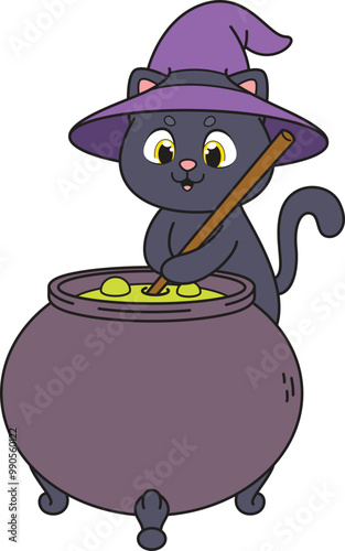 Cartoon witch cat mixing substance in cauldron vector illustration