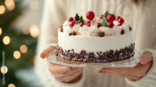 Wallpaper Mural A woman in a cozy sweater presents a festive cake adorned with holly and berries during a joyful Christmas celebration Torontodigital.ca