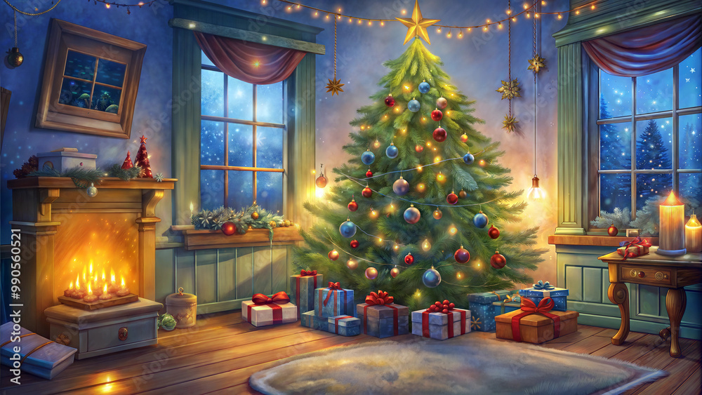 Beautifully decorated Christmas tree with presents by a cozy fireplace in a festive living room Beautifully decorated Christmas tree with presents by a cozy fireplace in a festive living room