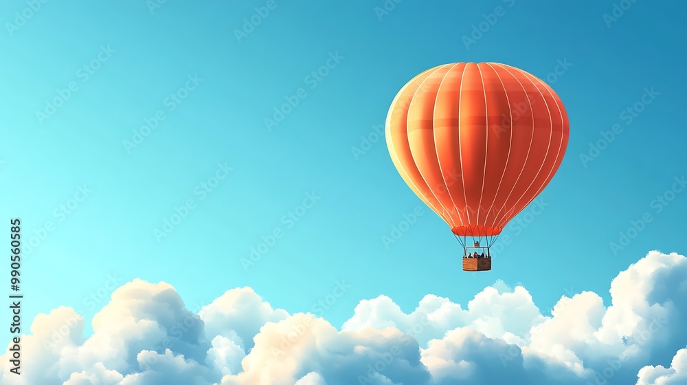 Naklejka premium Red Hot Air Balloon Soaring Through Fluffy Clouds