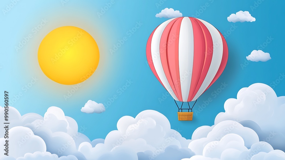 Red Hot Air Balloon Soaring Through Fluffy Clouds Red Hot Air Balloon Soaring Through Fluffy Clouds