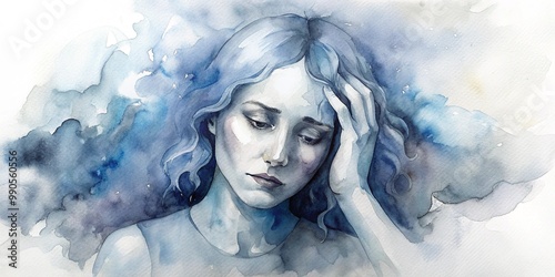 Emotional distress and fatigue concept with a woman illustrated in watercolor art photo