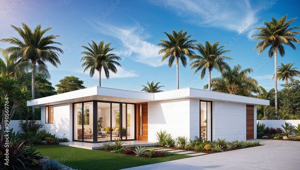 A sleek, modern, single-story house with a minimalist design boasting a flat roof and a harmonious blend of crisp white walls and warm natural wood accents A sleek, modern, single-story house with a minimalist design boasting a flat roof and a harmonious blend of crisp white walls and warm natural wood accents