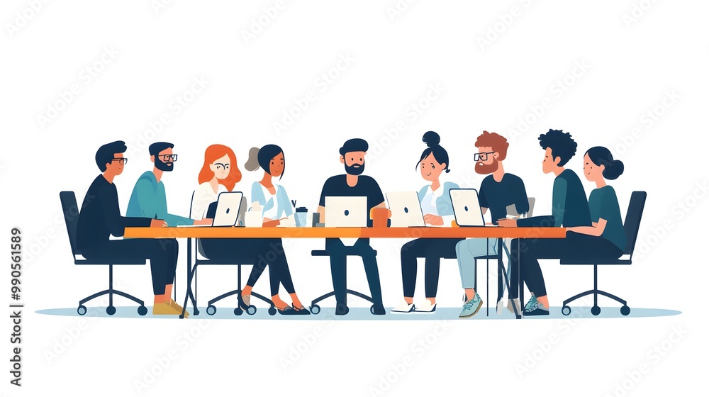 Cartoon-style flat illustration of a group of people working together in an office, sitting at a long table with laptops and papers on it Cartoon-style flat illustration of a group of people working together in an office, sitting at a long table with laptops and papers on it
