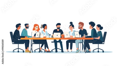 Cartoon-style flat illustration of a group of people working together in an office, sitting at a long table with laptops and papers on it