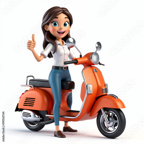 3D cartoon woman giving a thumbs-up while standing next to an orange scooter. Perfect for transportation, scooter sales, and travel-related themes.