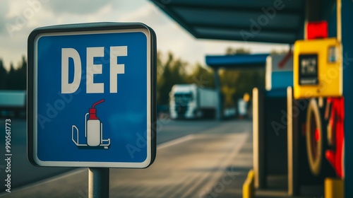 Diesel Exhaust Fluid DEF Sign at Truck Stop with Trucks in Background