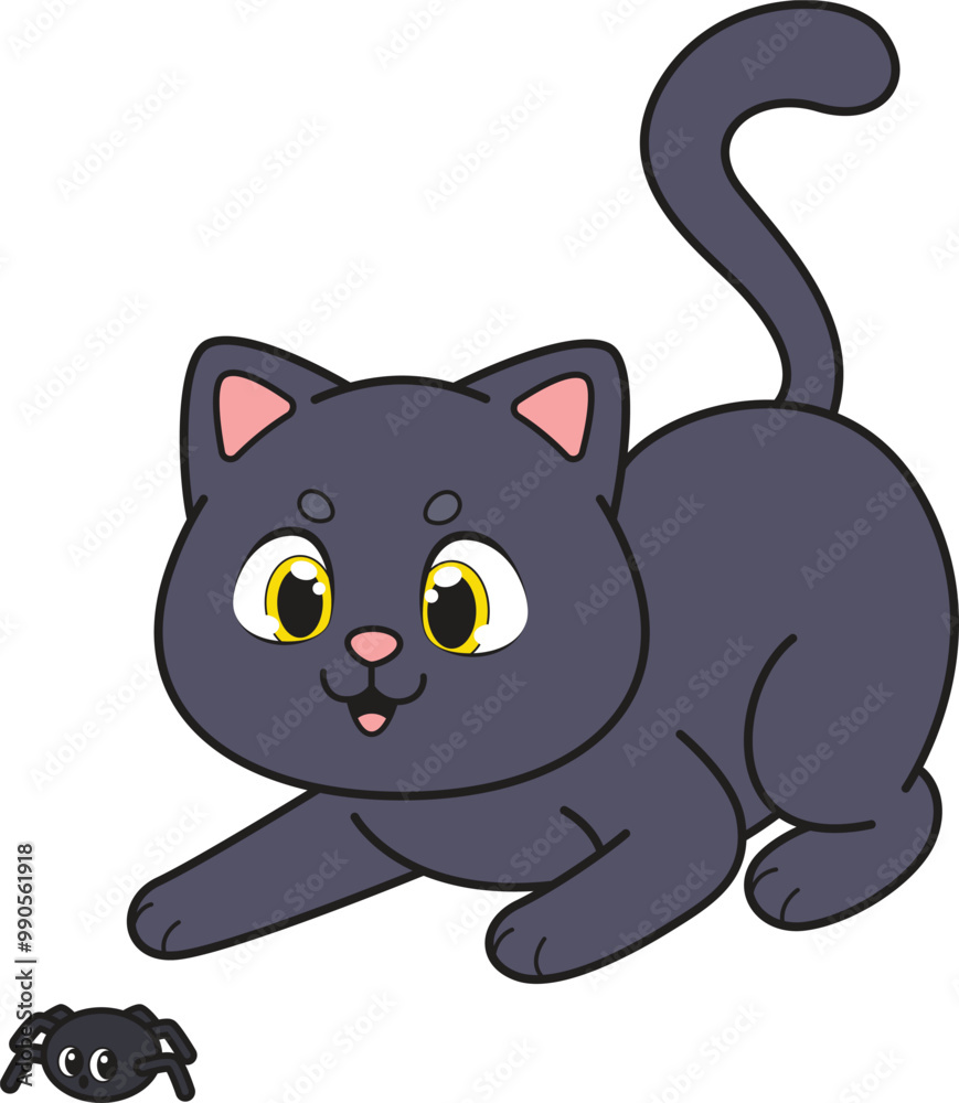 Cartoon cute cat chasing spider vector illustration Cartoon cute cat chasing spider vector illustration