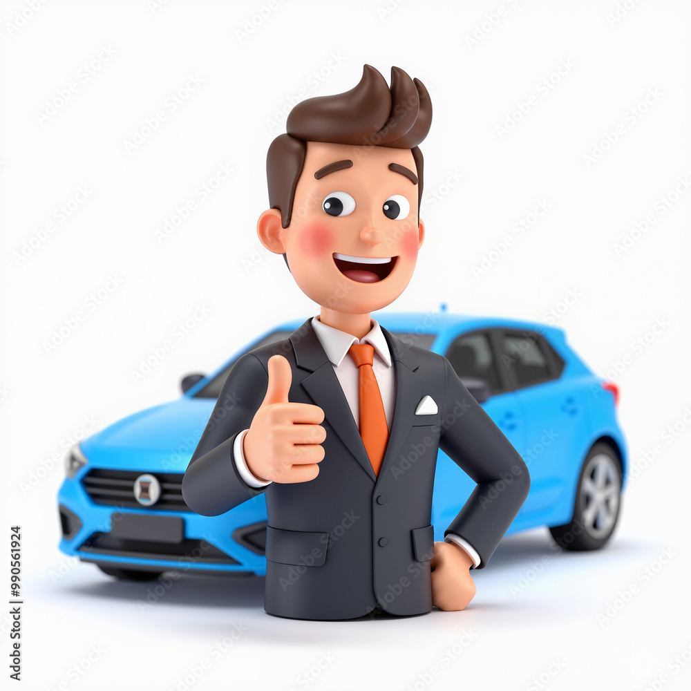 3D cartoon businessman character giving a thumbs-up, standing next to a blue hatchback car. Perfect for automotive marketing, car dealership promotions, or business presentations.
3D cartoon businessman character giving a thumbs-up, standing next to a blue hatchback car. Perfect for automotive marketing, car dealership promotions, or business presentations.