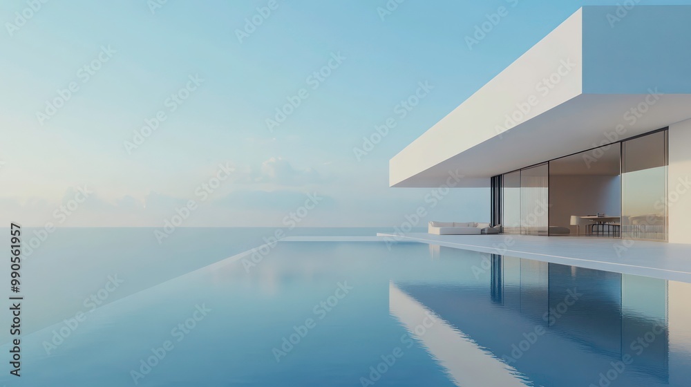 Fototapeta premium Modern architecture with a swimming pool overlooking the ocean.