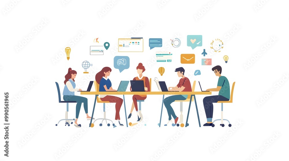 Cartoon-style flat illustration of a group of people working together in an office, sitting at a long table with laptops and papers on it Cartoon-style flat illustration of a group of people working together in an office, sitting at a long table with laptops and papers on it