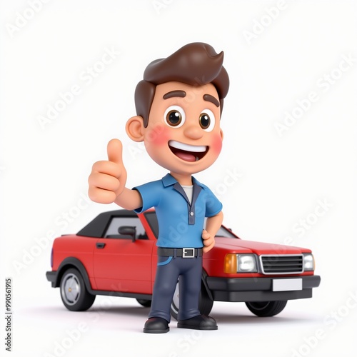 3D cartoon character giving a thumbs-up, standing next to a classic red car. Great for automotive marketing, car dealership promotions, or retro car-themed designs.
