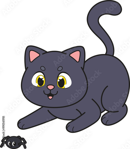 Cartoon cute cat chasing spider vector illustration