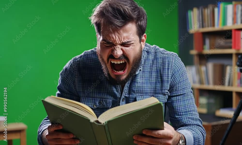 angry man with book screaming at home. angry man with book screaming at home.