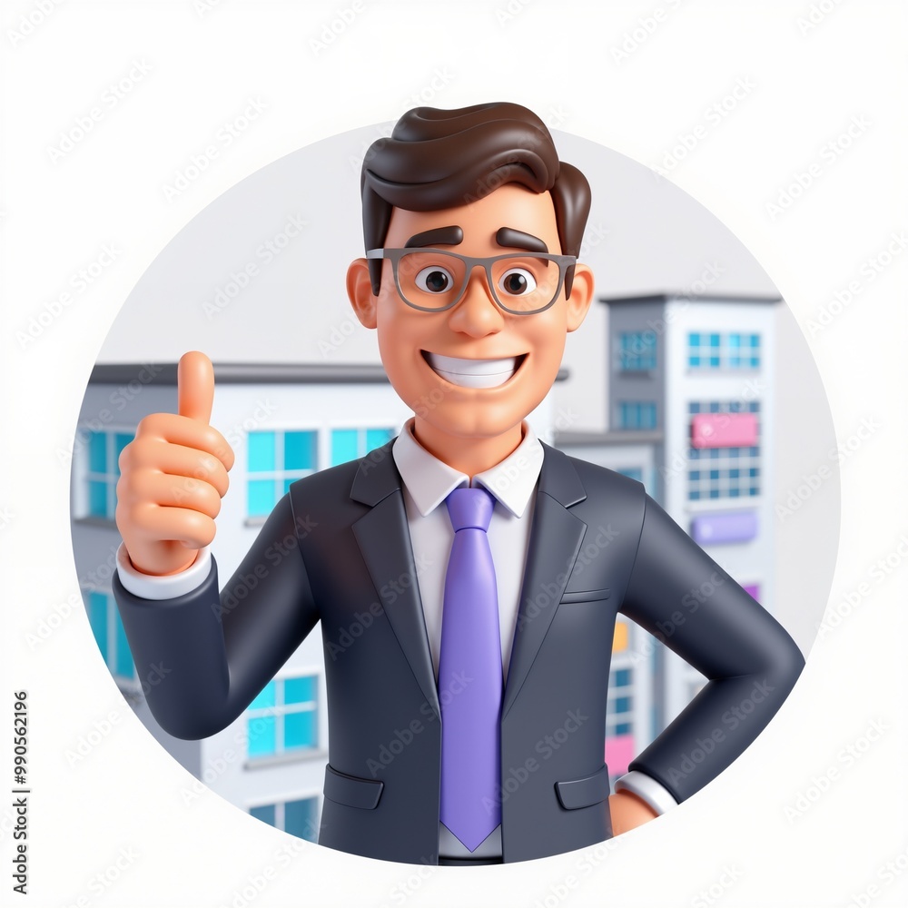 Cartoon businessman with glasses giving a thumbs up in front of office buildings. Ideal for business, real estate, and corporate success themes.
Cartoon businessman with glasses giving a thumbs up in front of office buildings. Ideal for business, real estate, and corporate success themes.